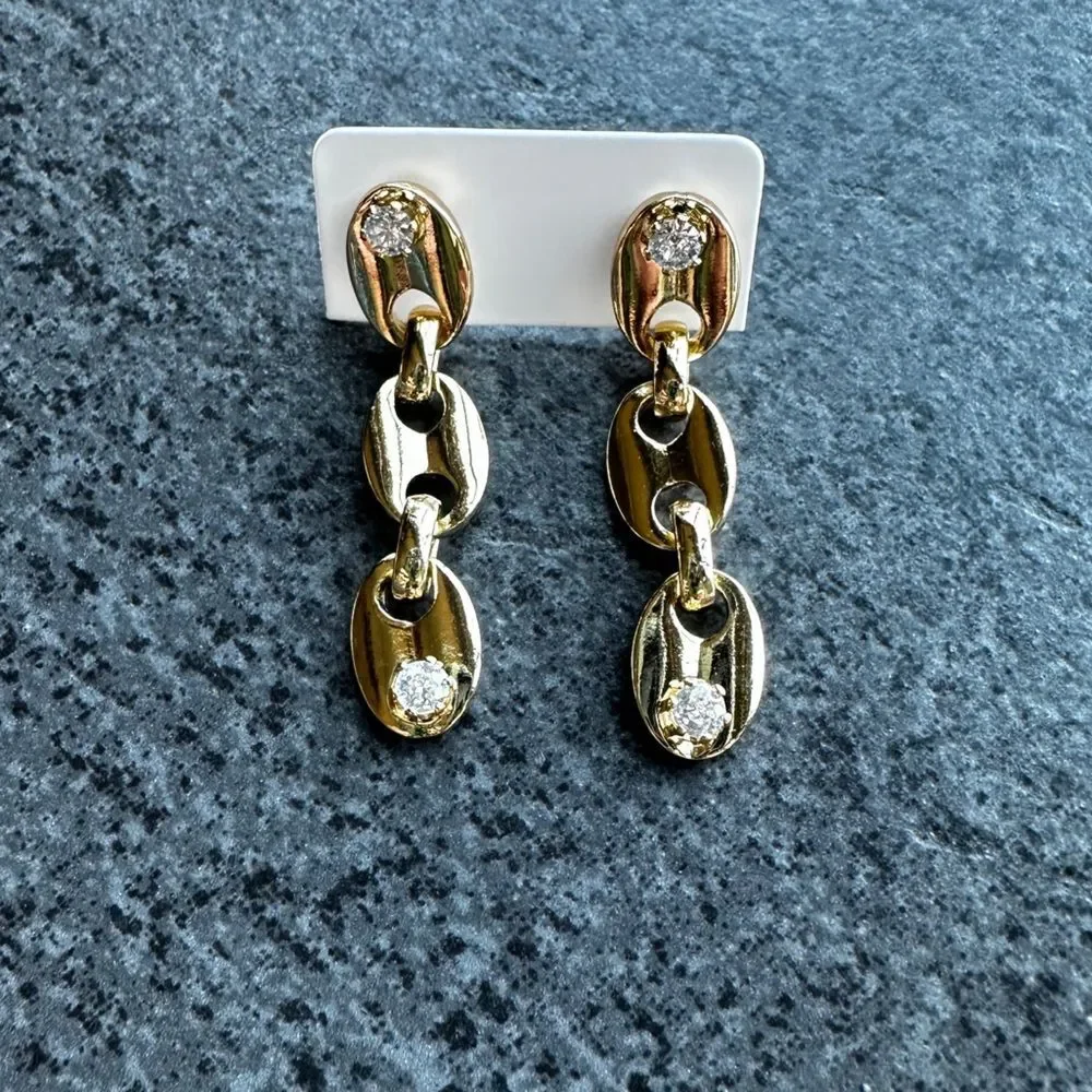 NEW 18K Yellow Gold Oval Link Dangle Drop Earrings w/ Round Clear Crystal CZ